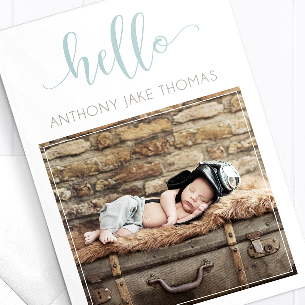 Monogram Birth Announcement Card with Photo for a baby boy