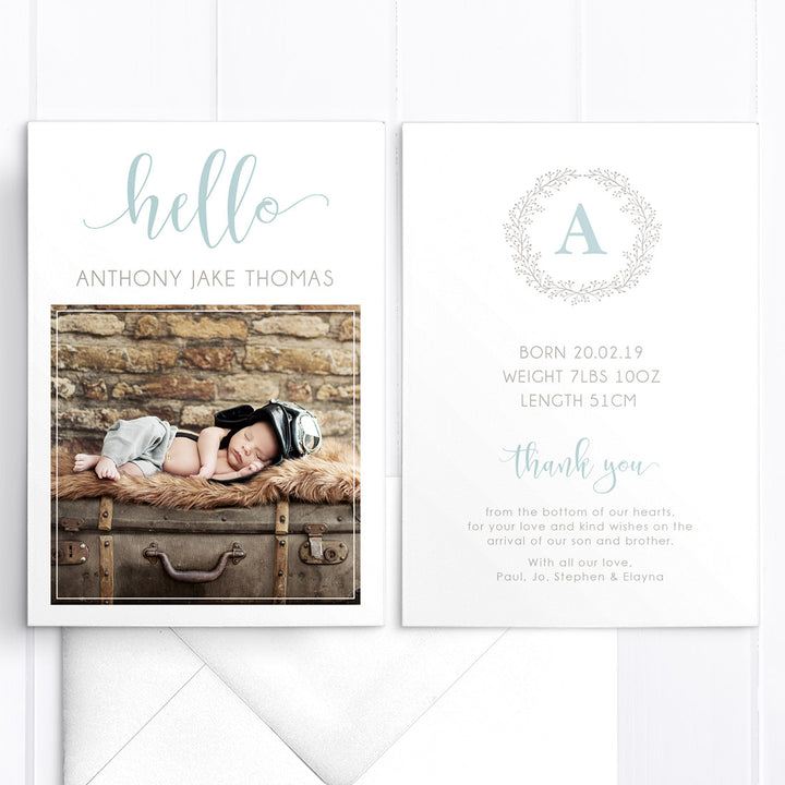 Monogram Birth Announcement Card with Photo for a baby boy