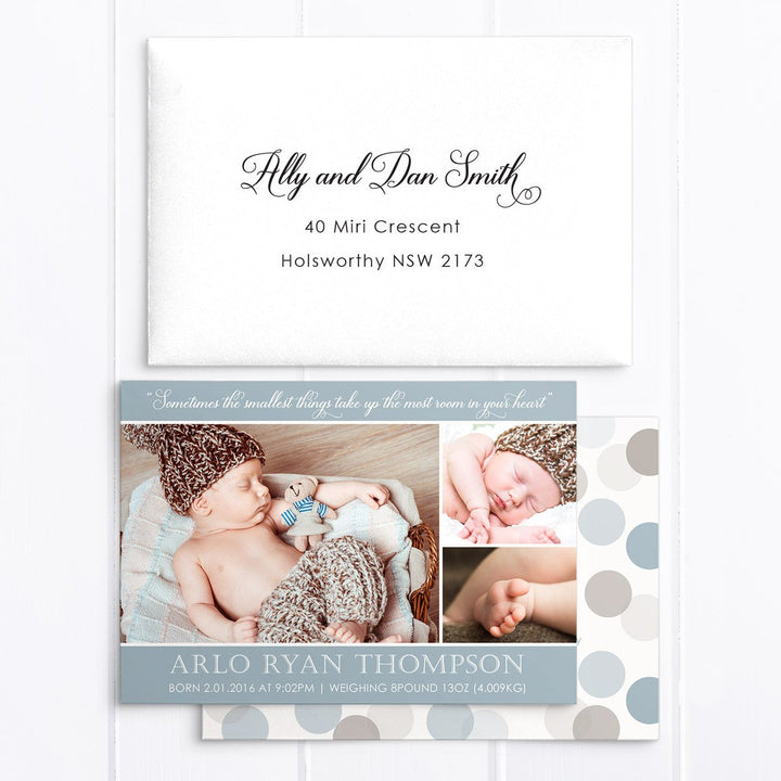 Baby boy birth announcement card with 3 photos and large monogram