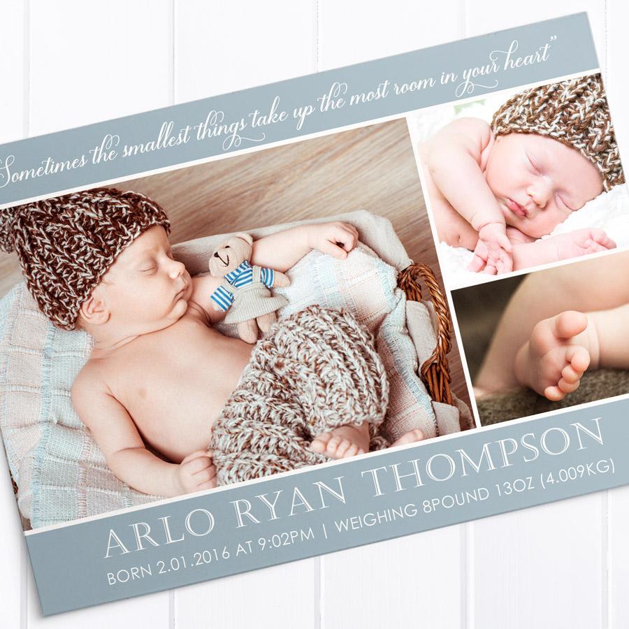 Baby boy birth announcement card with 3 photos and large monogram