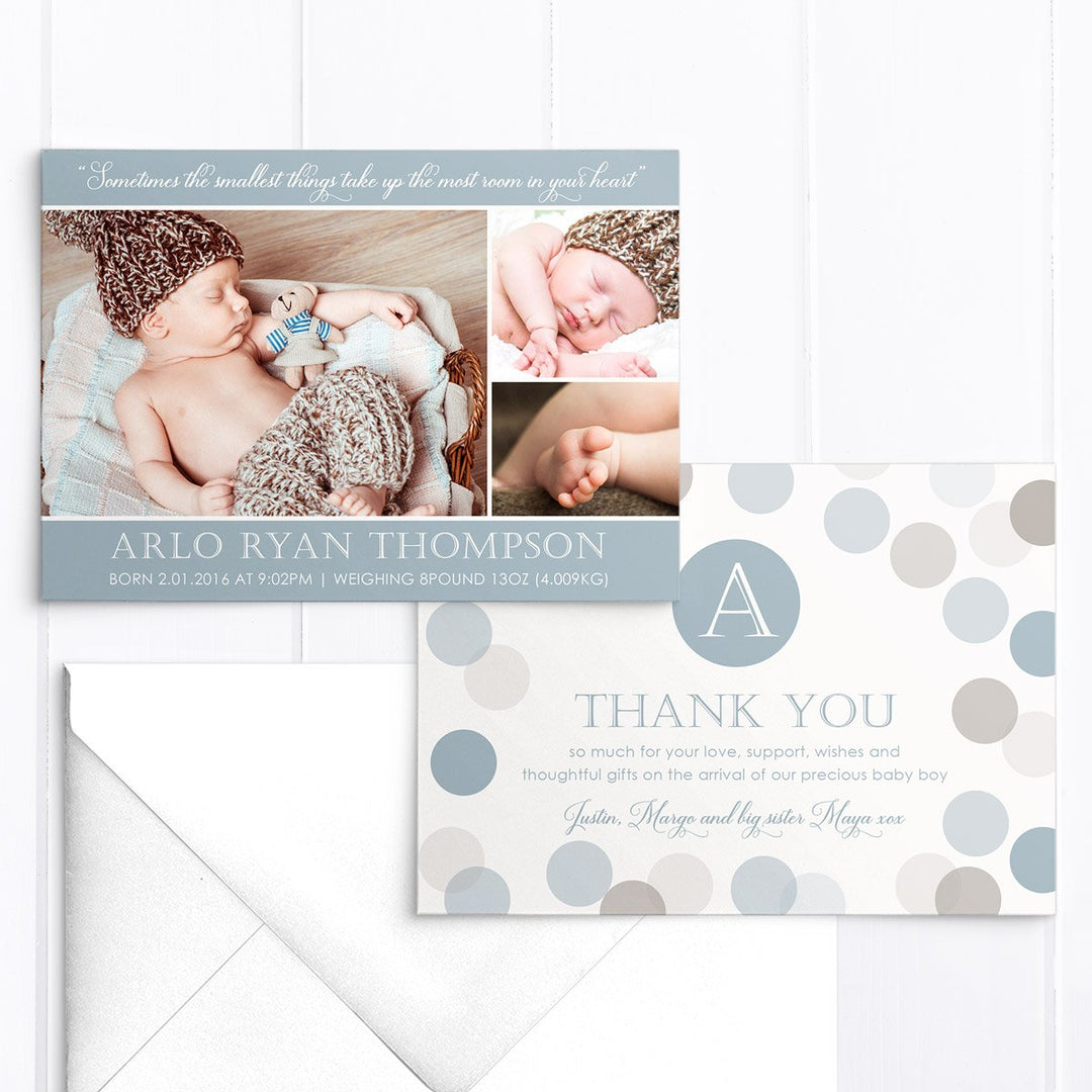 Baby boy birth announcement card with 3 photos and large monogram