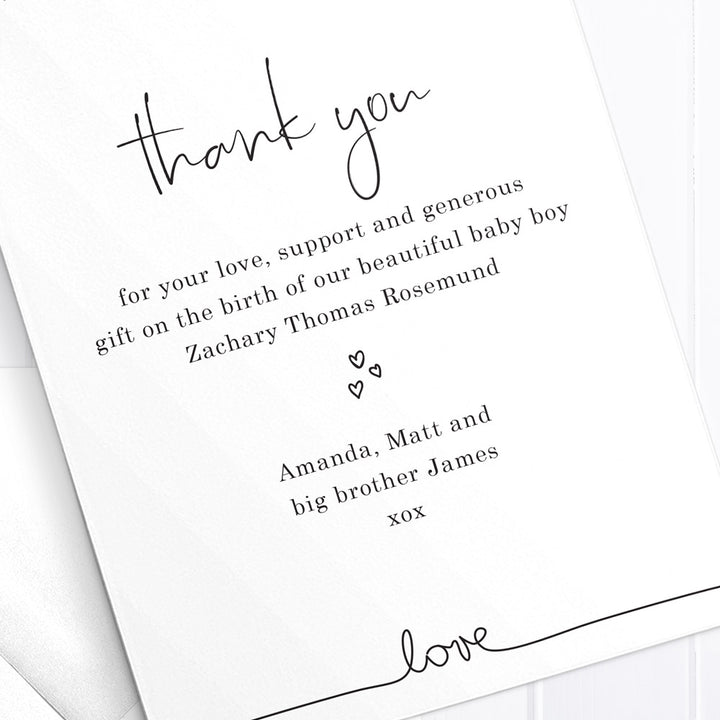 Baby boy birth announcement photo card, black and white, modern fonts