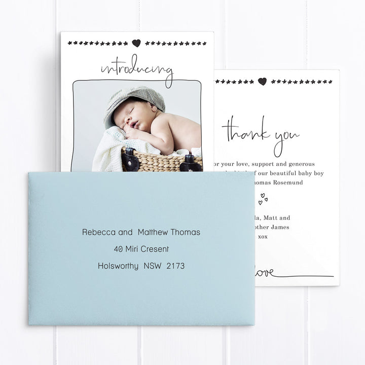Baby boy birth announcement photo card, black and white, modern fonts