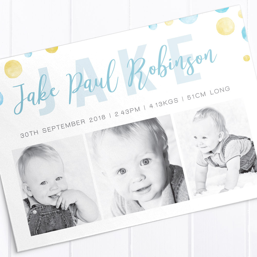 Baby boy birth announcement photo card, 3 photos, watercolour spots 