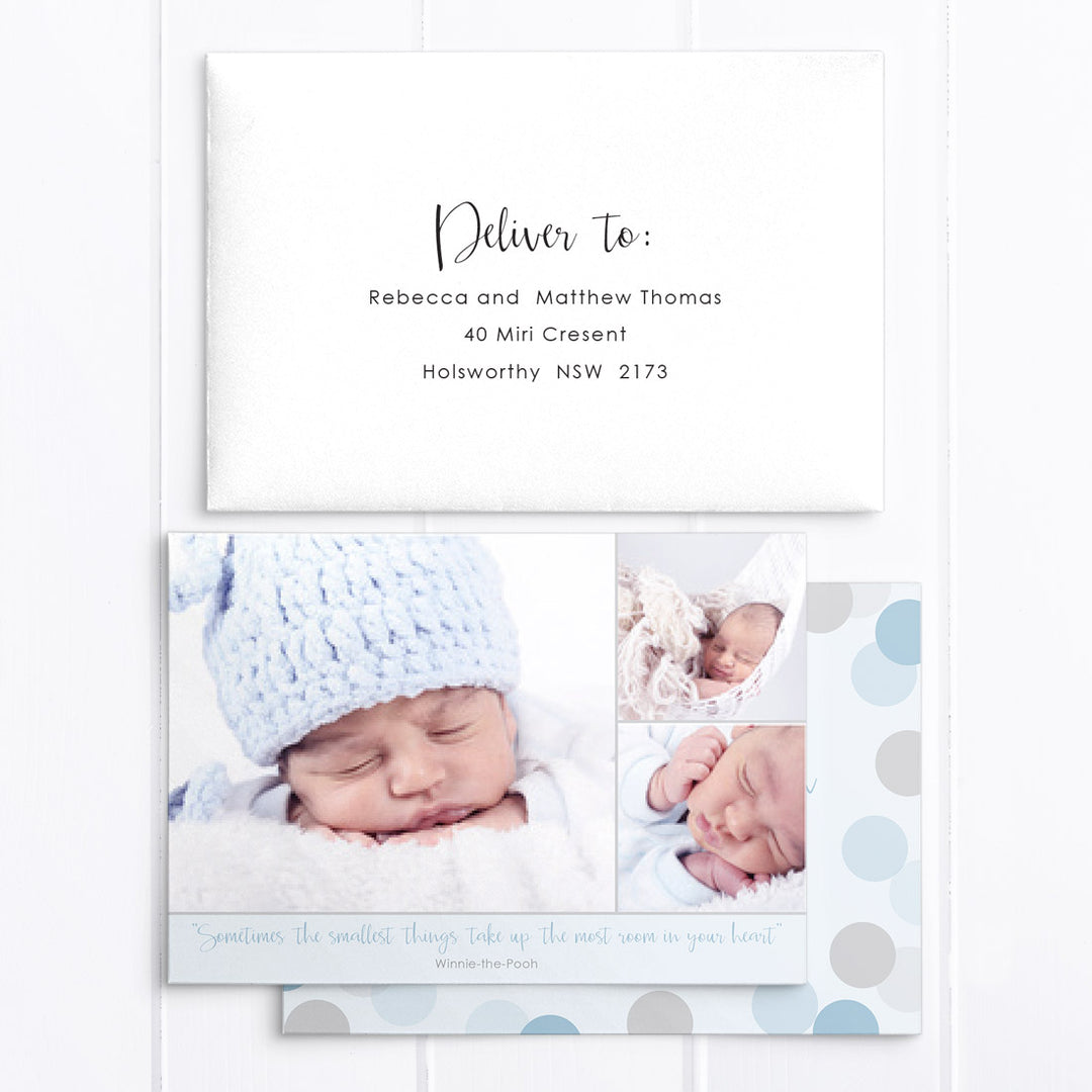 Baby boy birth announcement card, 3 photos of your baby