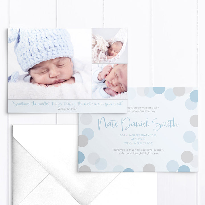 Baby boy birth announcement card, 3 photos of your baby