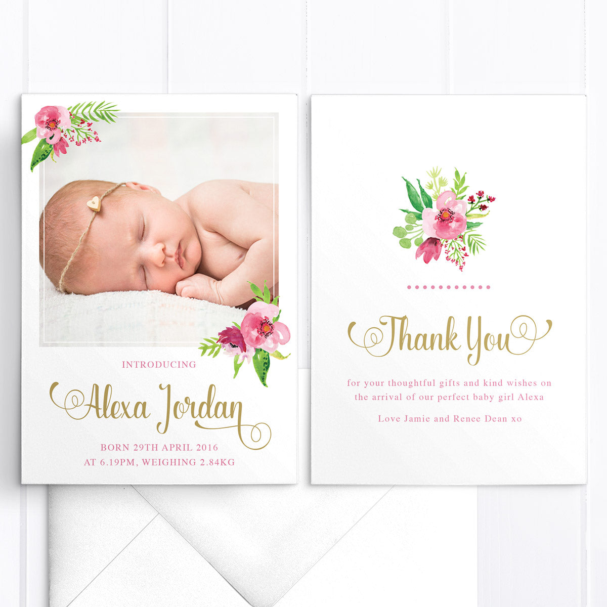 Floral Baby Girl Photo Birth Announcement Peach Perfect Stationery