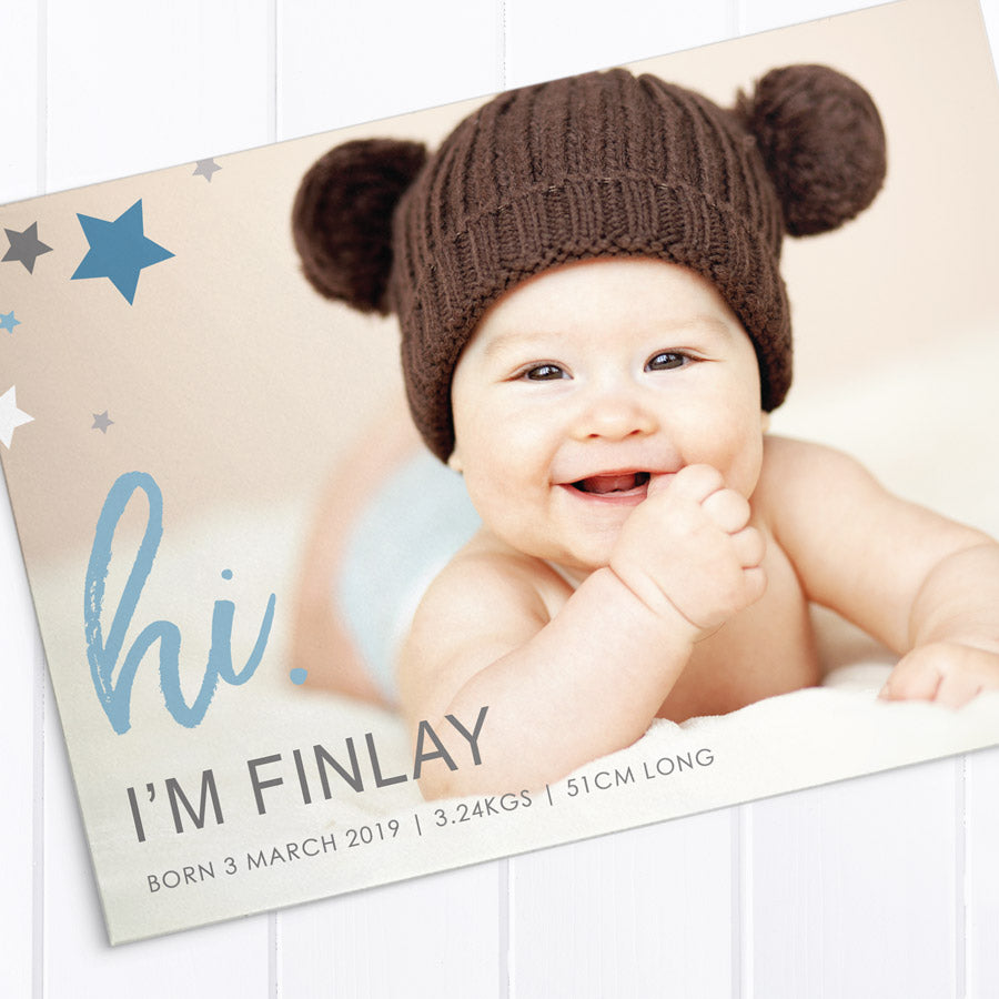 Baby boy photo birth announcement card, large photo and blue stars, printed double sided