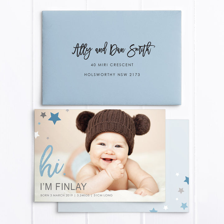 Baby boy photo birth announcement card, large photo and blue stars, printed double sided