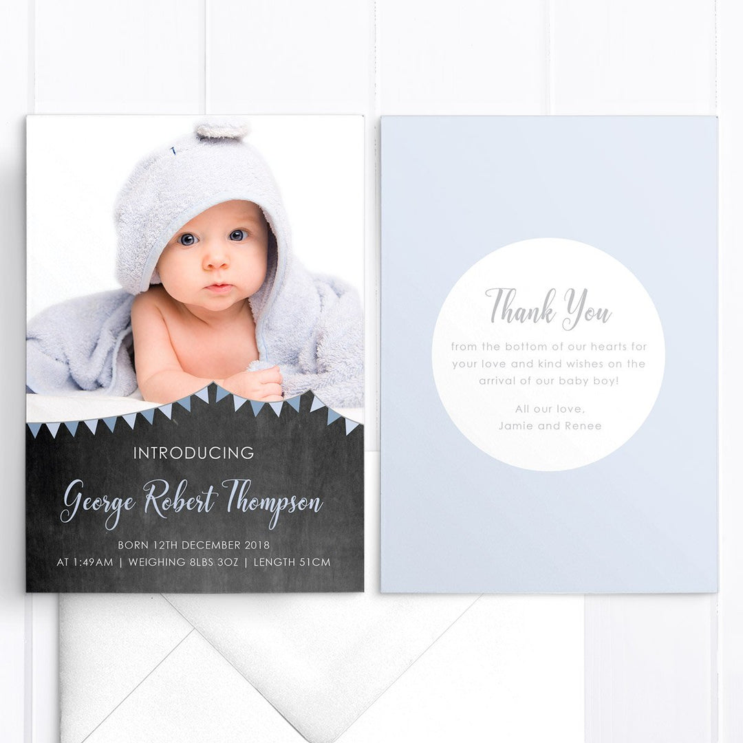 Cute baby thank you photo card with chalkboard background and bunting