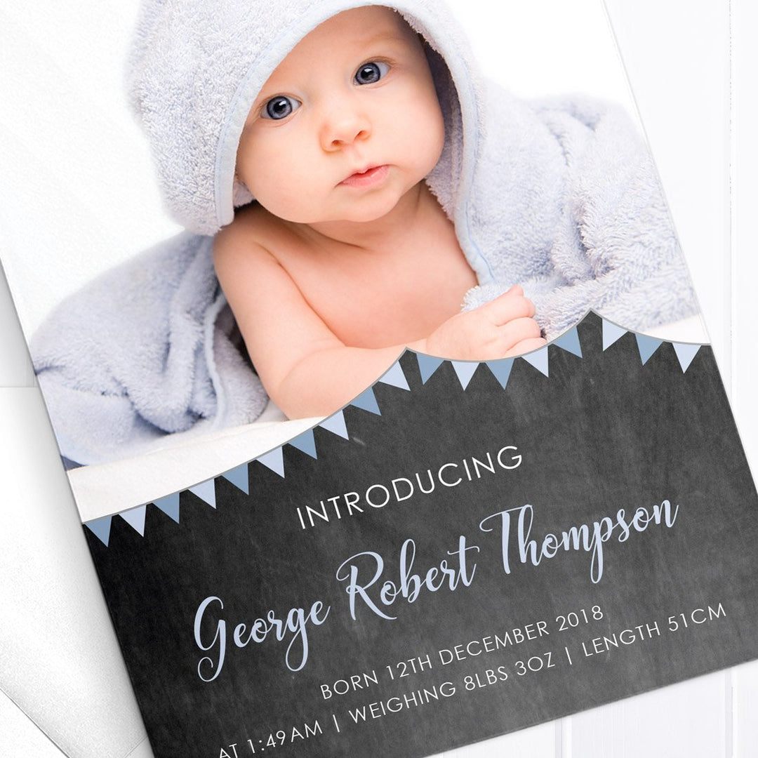 Cute baby thank you photo card with chalkboard background and bunting