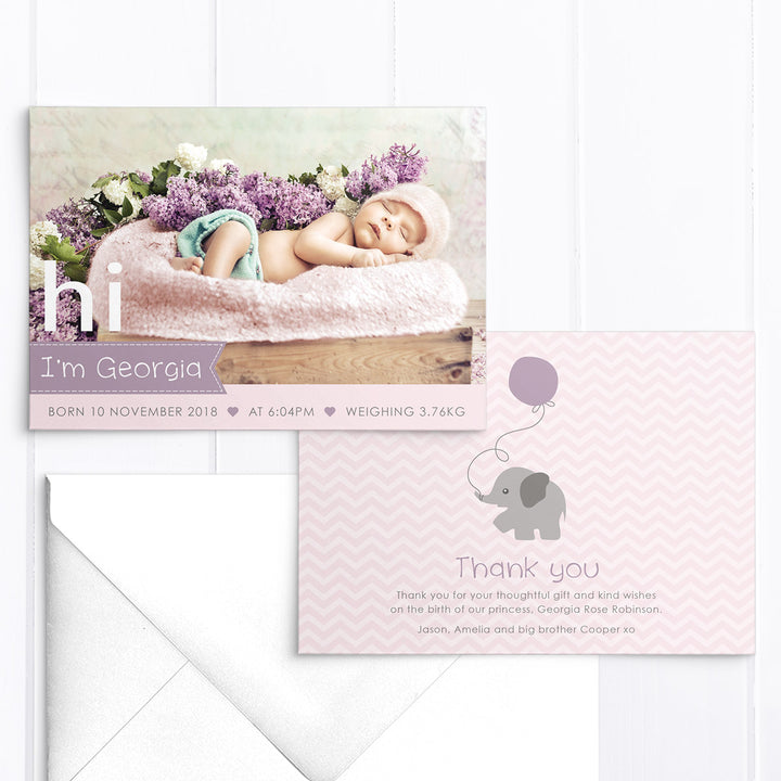 Baby girl photo birth announcement card. Baby elephant and balloon.