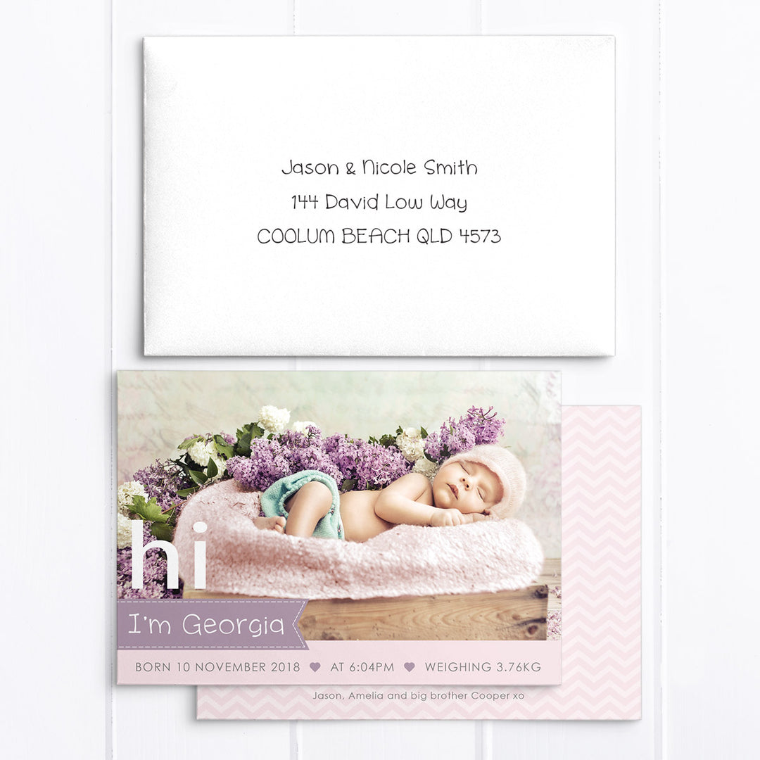 Baby girl photo birth announcement card. Baby elephant and balloon.