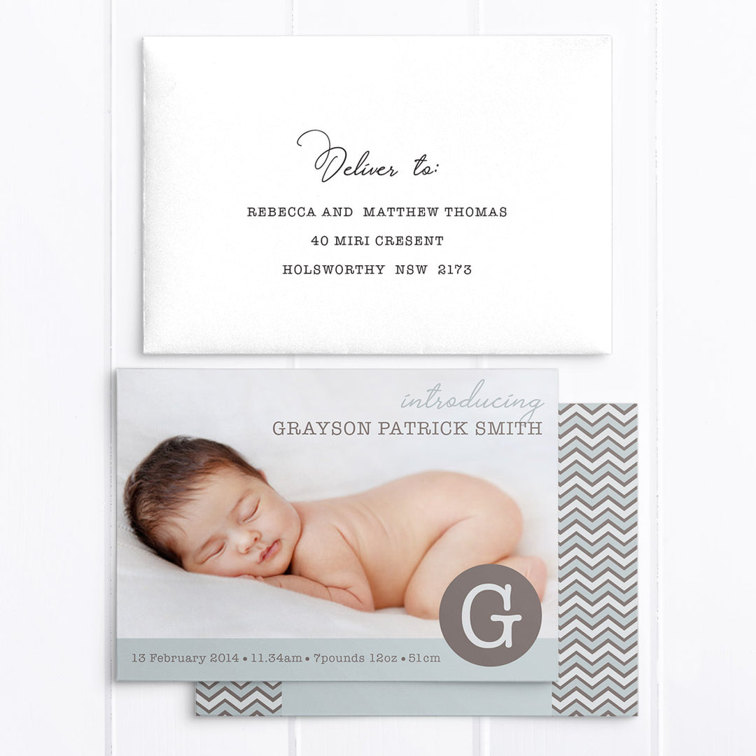 Grayson baby boy photo thank you card with monogram and love hear
