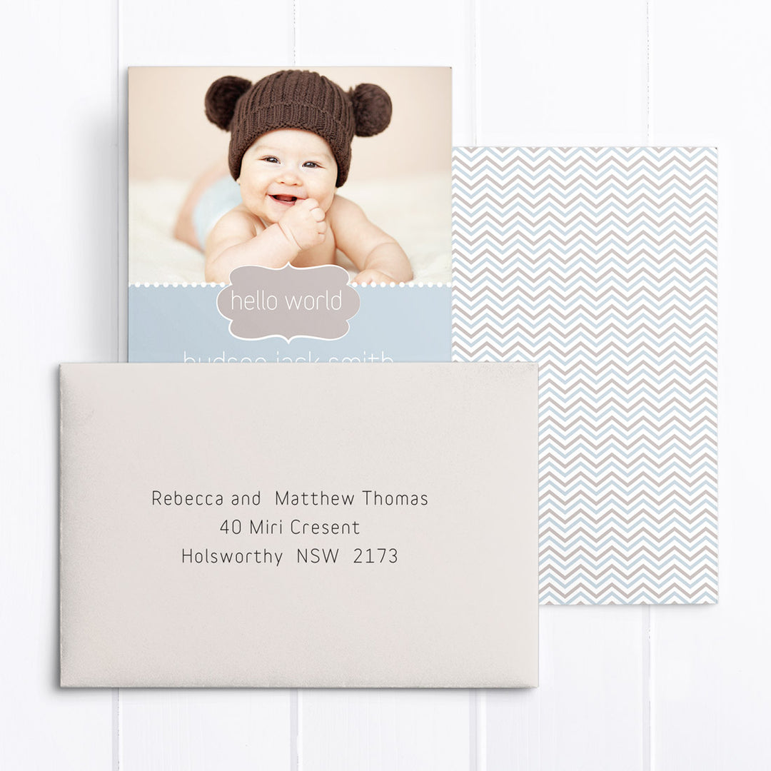 Hudson baby photo birth announcement card for boy, blue and chocolate brown
