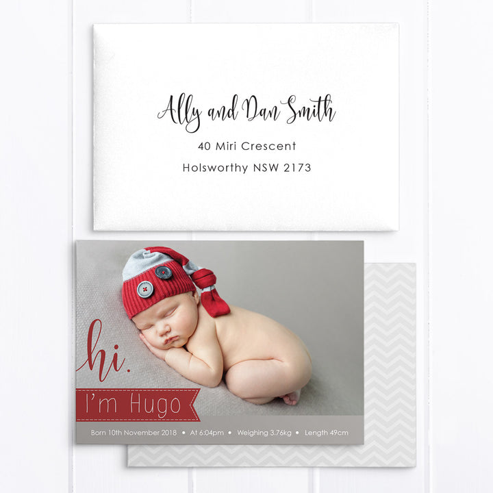 Red and grey baby photo thank you card design with large hi