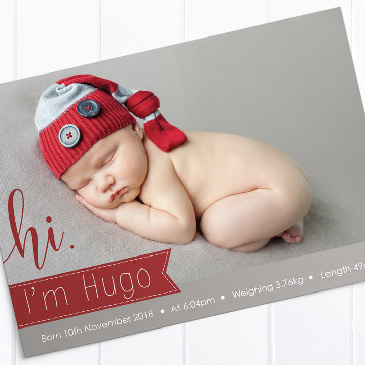 Red and grey baby photo thank you card design with large hi