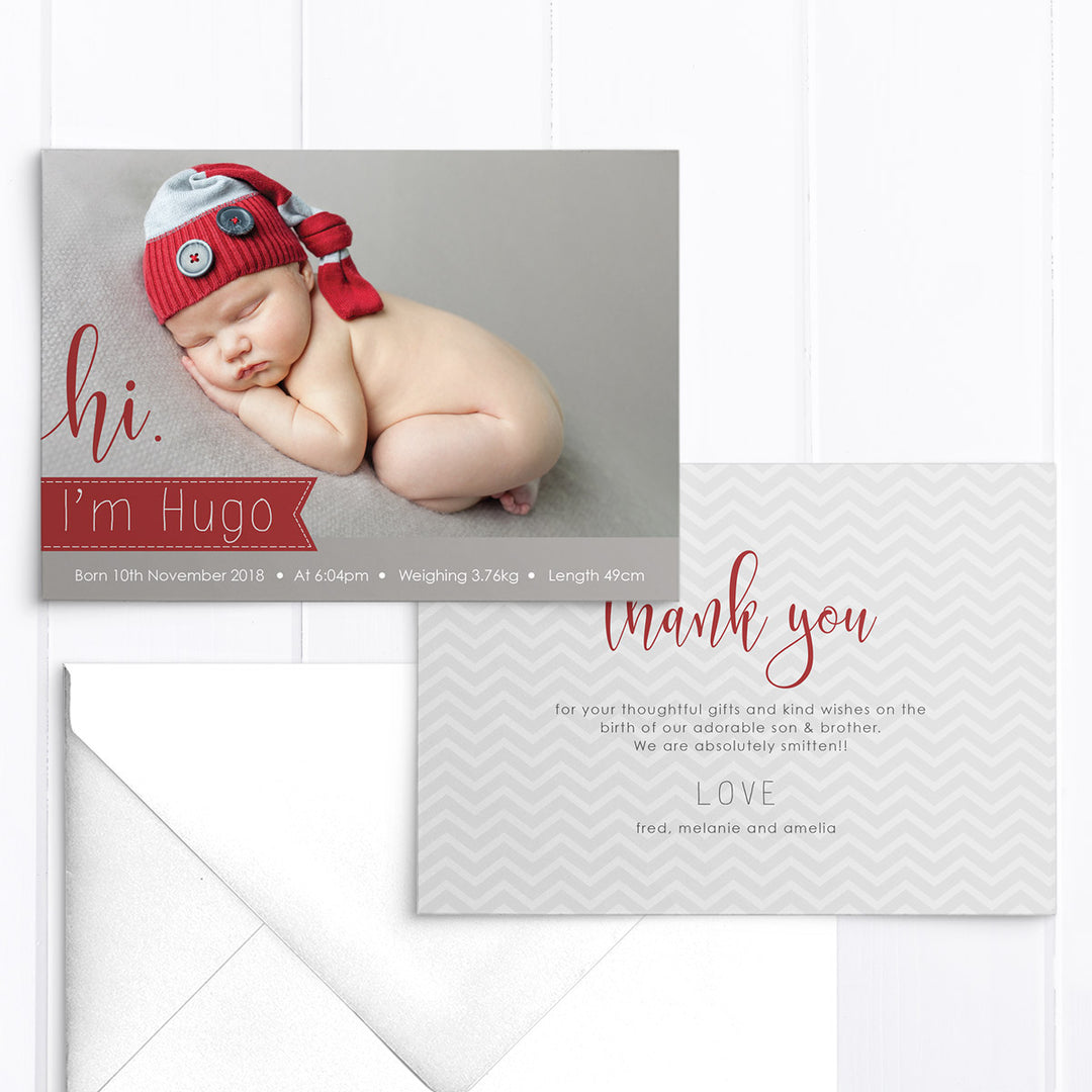 Red and grey baby photo thank you card design with large hi