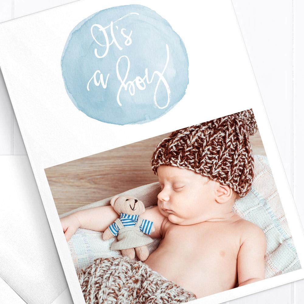 Multiple photo birth announcement card, double sided, blue and brown