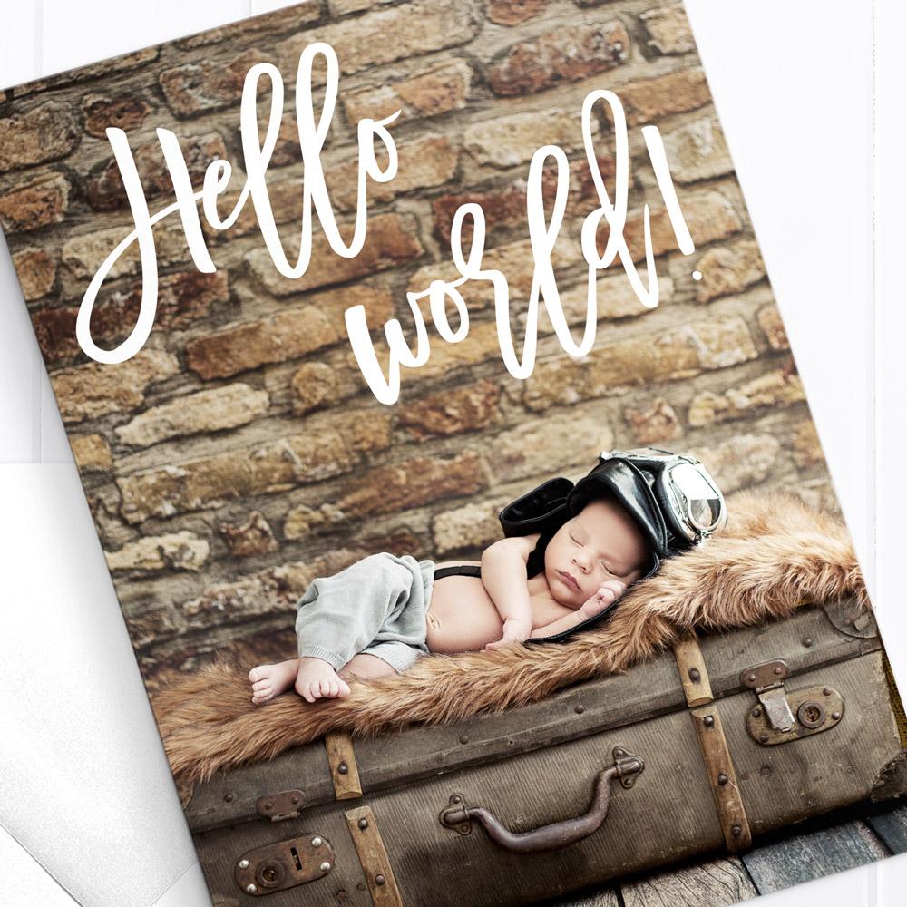 Hello World modern baby thank you announcement card, 3 baby boy photos