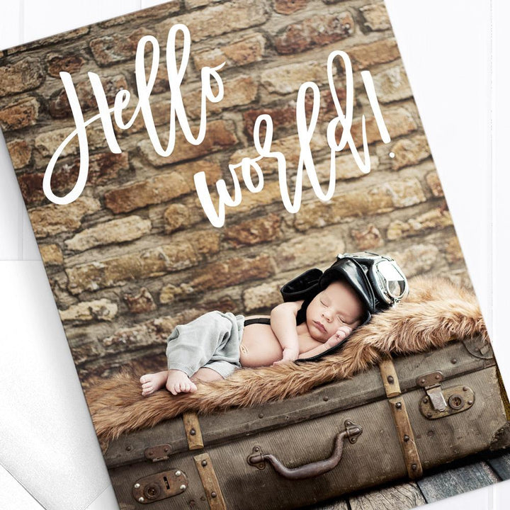 Hello World modern baby thank you announcement card, 3 baby boy photos
