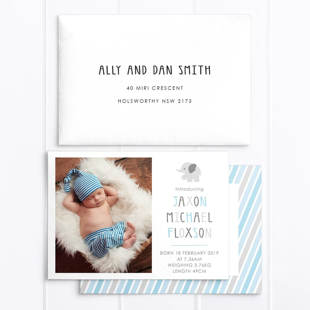 Sweet blue and brown photo boy announcement card, double sided printing
