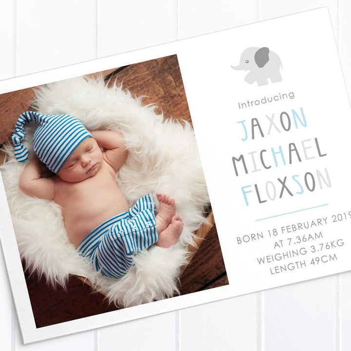 Sweet blue and brown photo boy announcement card, double sided printing