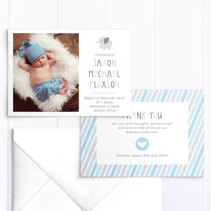 Sweet blue and brown photo boy announcement card, double sided printing