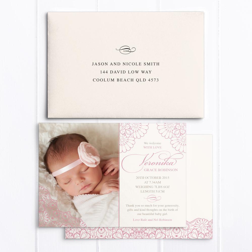 Baby birth announcement card with Photo and pink lace detail