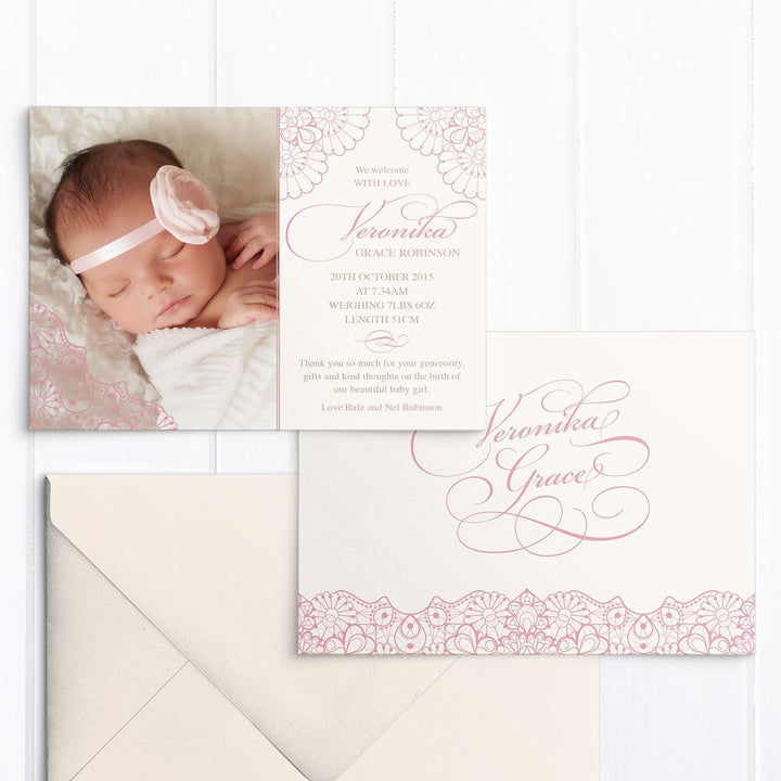 Baby birth announcement card with your photo and pink lace detail