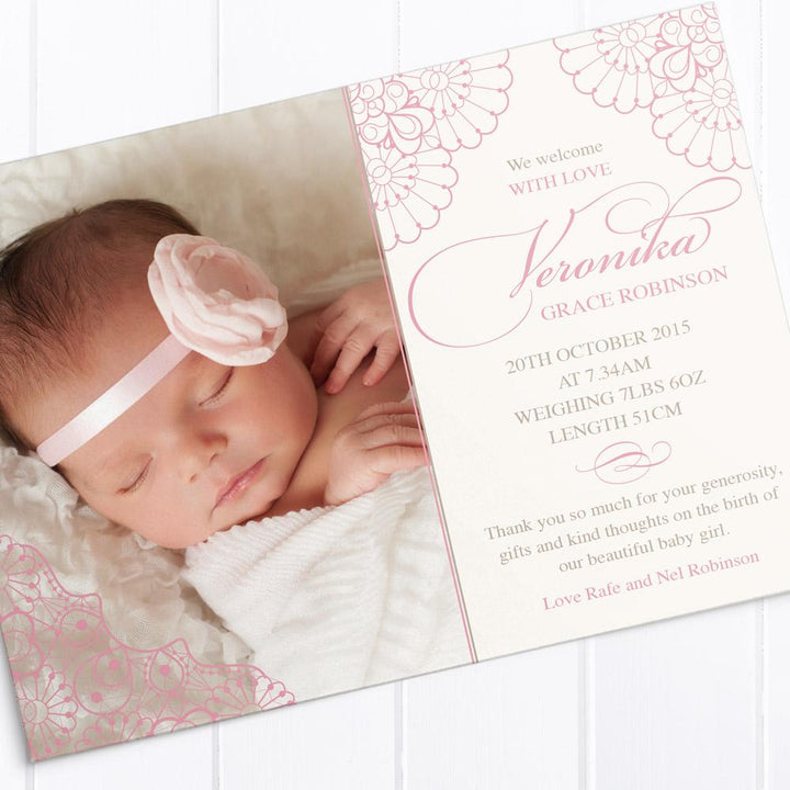 Baby birth announcement card with Photo and pink lace detail