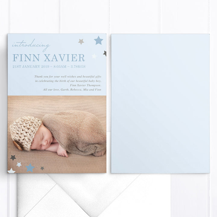 Baby thank you announcement card, light blue with stars in corner