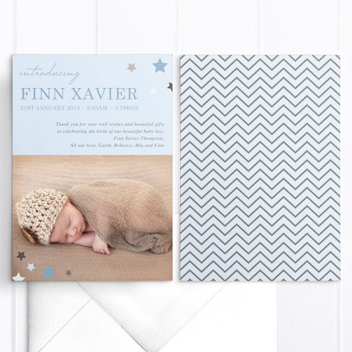 Baby thank you announcement card, chevron pattern with stars in corner