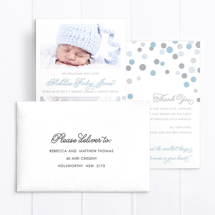 Photo boy baby thank you card, double side, includes poem verse