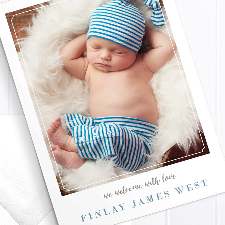 Photo boy baby thank you card, double side, includes monogram