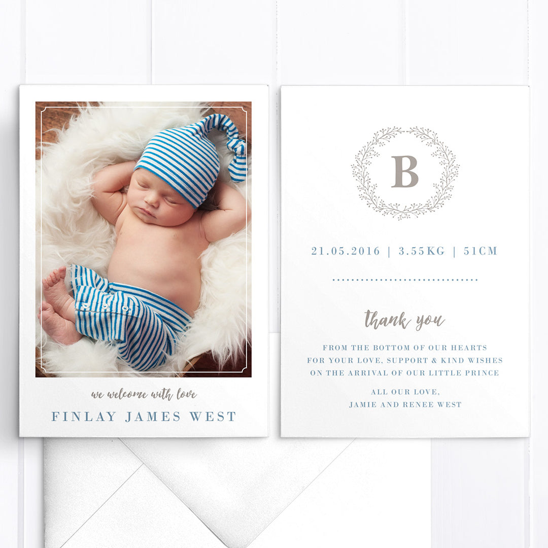 Photo boy baby thank you card, double side, includes monogram