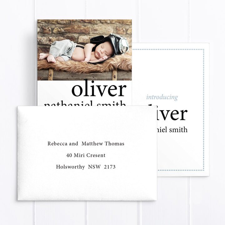 Modern photo boy baby thank you card, bold name, double side