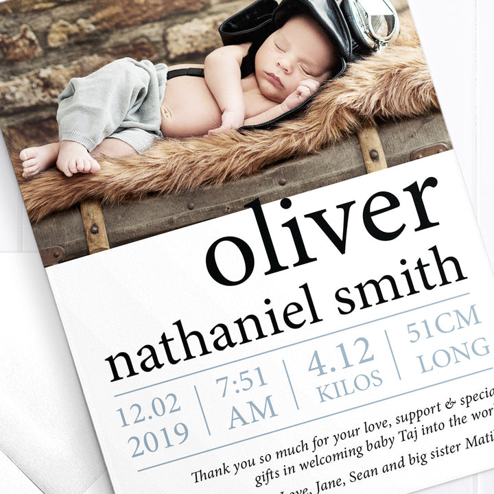 Modern photo boy baby thank you card, bold name, double side