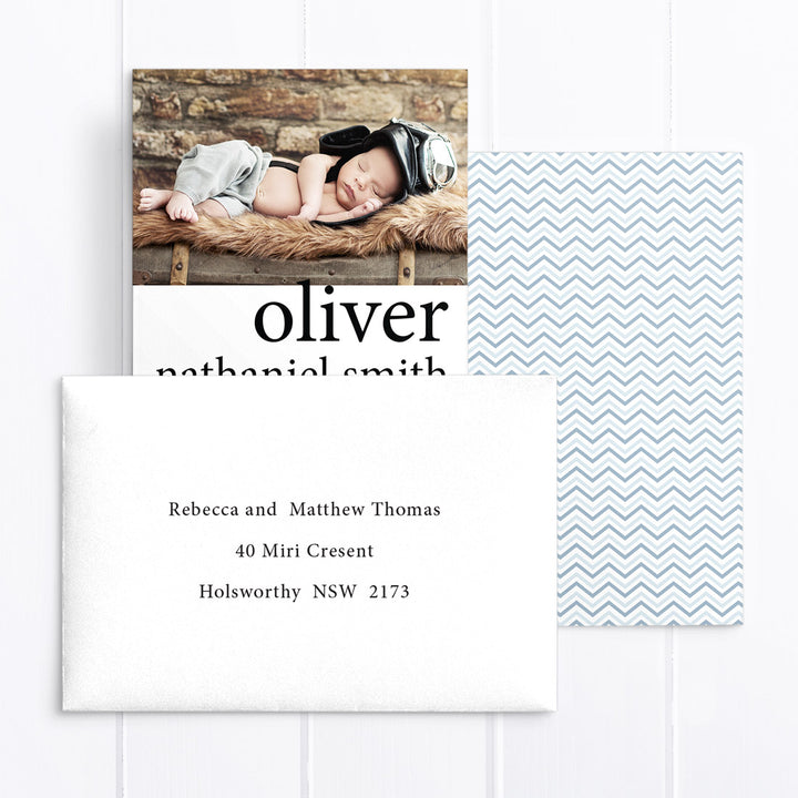 Modern photo boy baby thank you card, bold name, double side