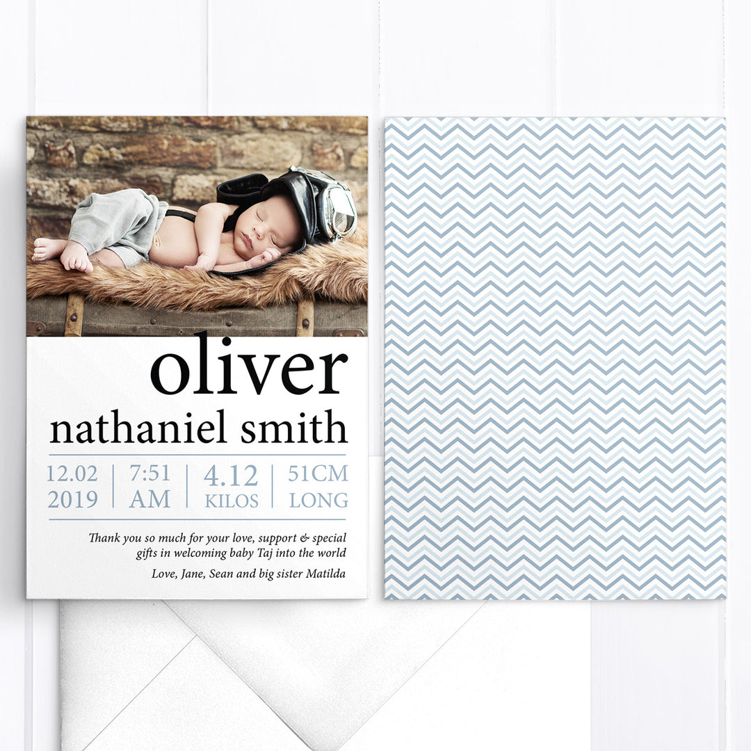 Modern photo boy baby thank you card, bold name, double side