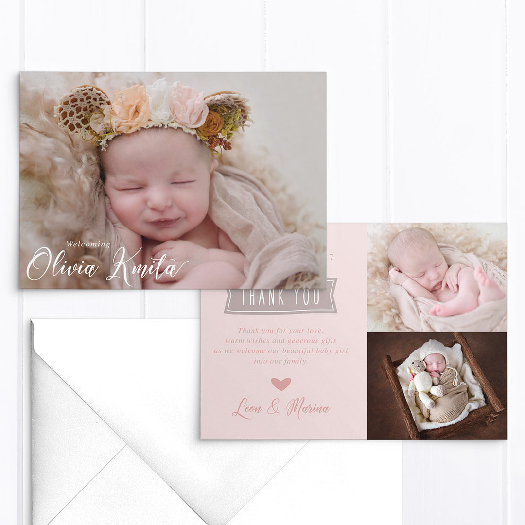 Baby girl photo birth announcement card with 3 photos in soft pink