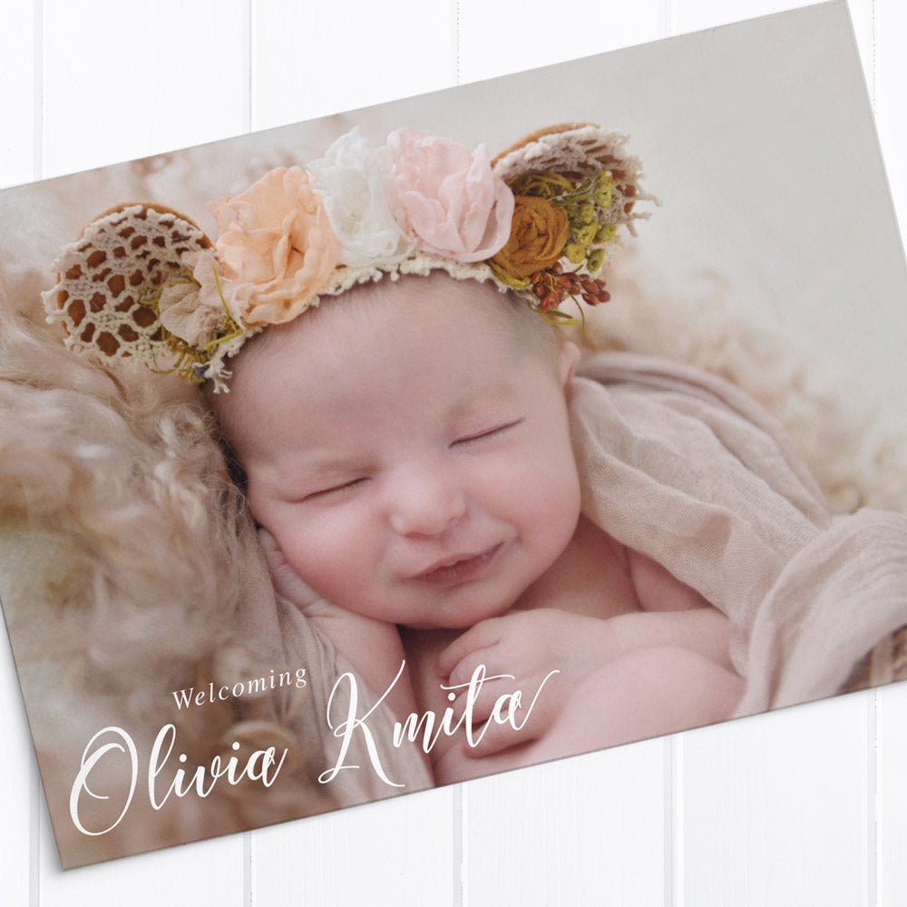 Baby girl photo birth announcement card with 3 photos