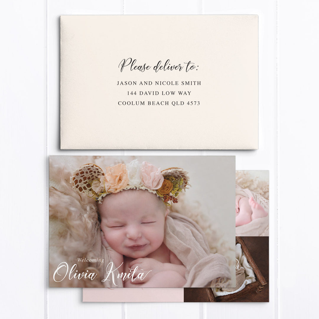 Baby girl photo birth announcement card with 3 photos