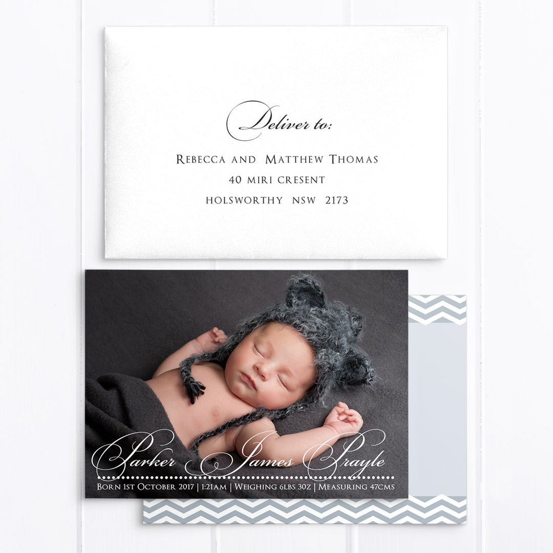 Photo boy baby thank you card, double sided, traditional calligraphy