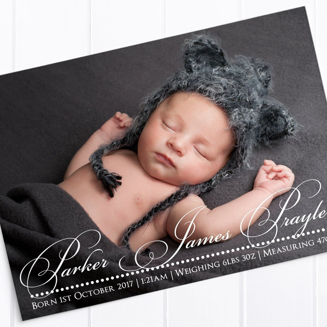 Photo boy baby thank you card, double sided, traditional calligraphy