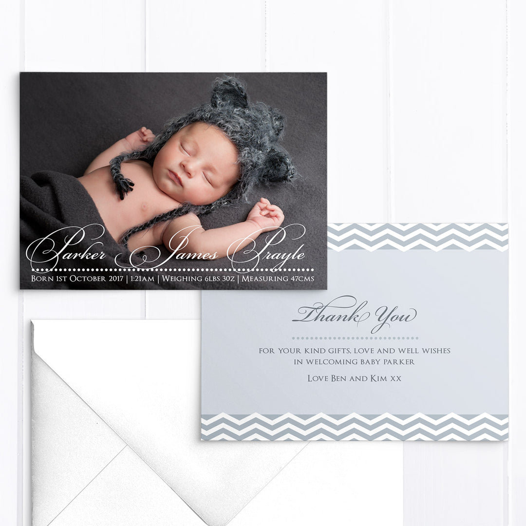 Photo boy baby thank you card, double sided, traditional calligraphy