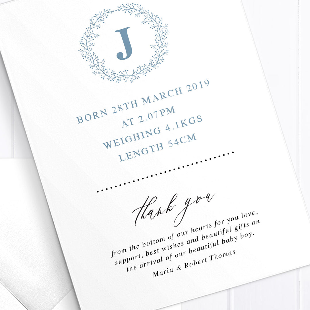 Baby boy birth announcement card, 3 photos, monogram, double sided