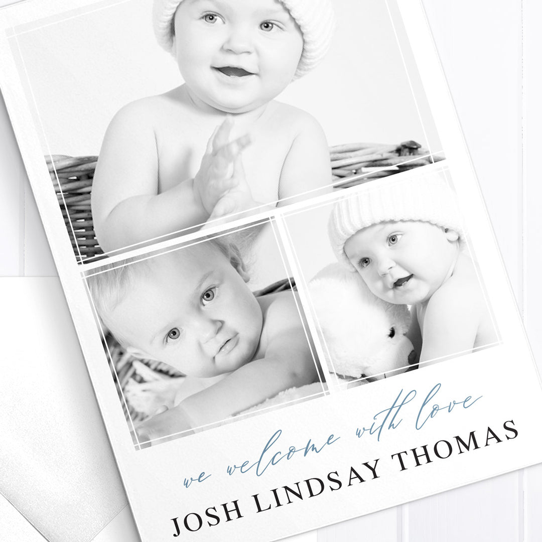 Baby boy birth announcement card, 3 photos, monogram, double sided