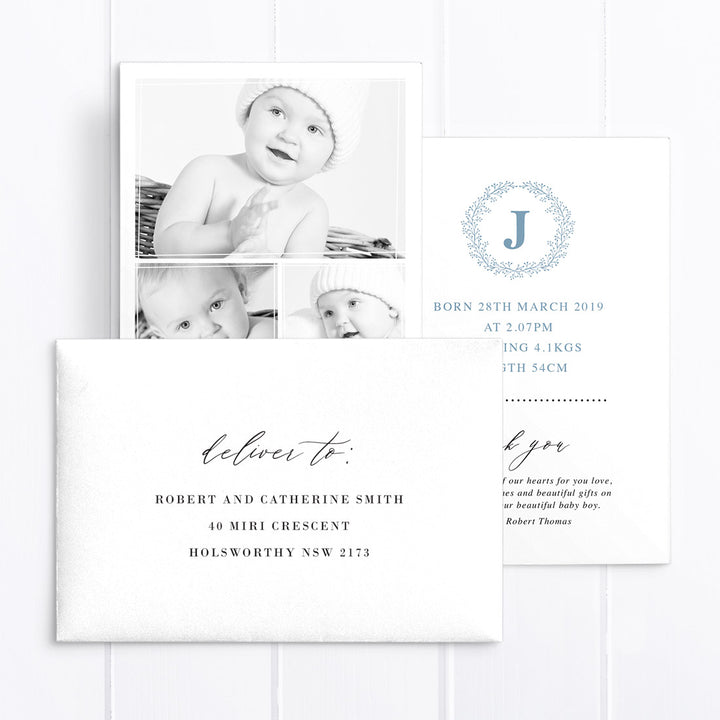 Baby boy birth announcement card, 3 photos, monogram, double sided