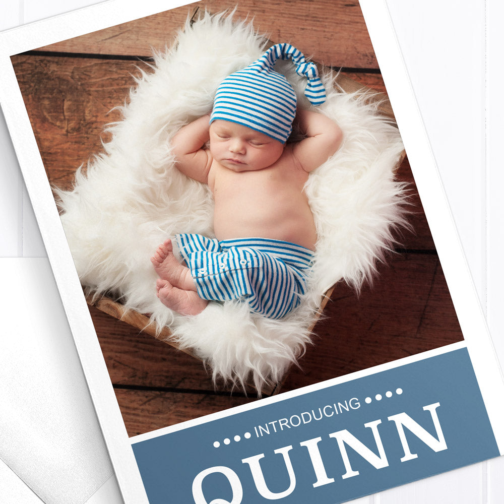 Funky baby boy birth announcement card, 1 photo, stripes, double sided
